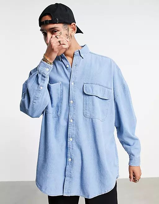 ASOS DESIGN oversized denim shirt in vintage mid wash blue | ASOS (Global)
