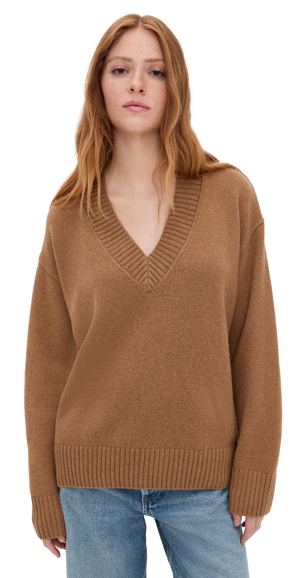 Reformation Jadey Cashmere Oversized V-Neck Sweater Camel XS | Shopbop
