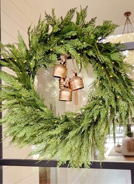 Christmas decor. Christmas wreath. Holiday wreath. Pre-lit wreath.  Large gold bells.  Jingle bells.  

#LTKSeasonal #LTKHoliday #LTKhome