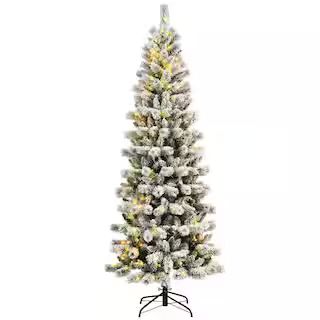 WELLFOR 7.5 ft. Pre-Lit LED White Snow Flocked Artificial Christmas Tree with 300 Multi-Color LED... | The Home Depot