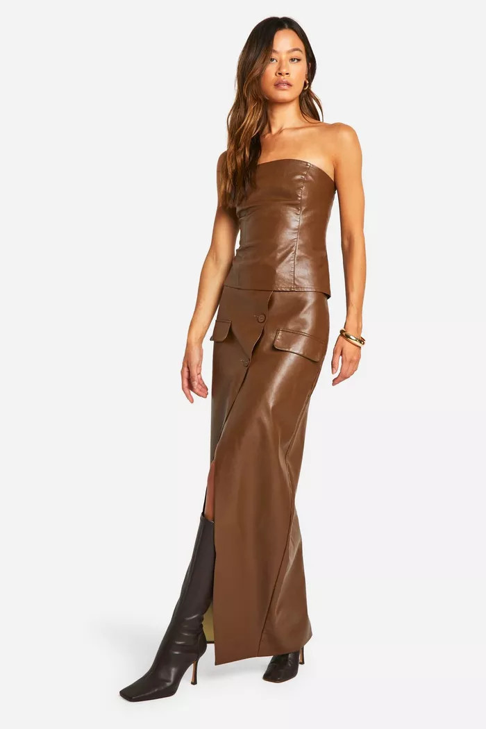 Tall Faux Leather Button Detail Wrap Maxi Skirt | boohoo (US & Canada)
