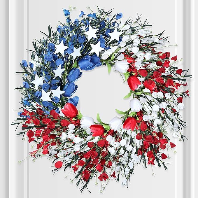 Enhon Patriotic 4th July Front Door Wreath, Ideal Red, White and Blue Foam Flower Wreath for Inde... | Amazon (US)