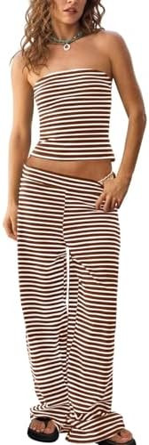 Tankaneo Womens Striped 2 Piece Set Summer Tube Tops Pants Matching Sets | Amazon (US)