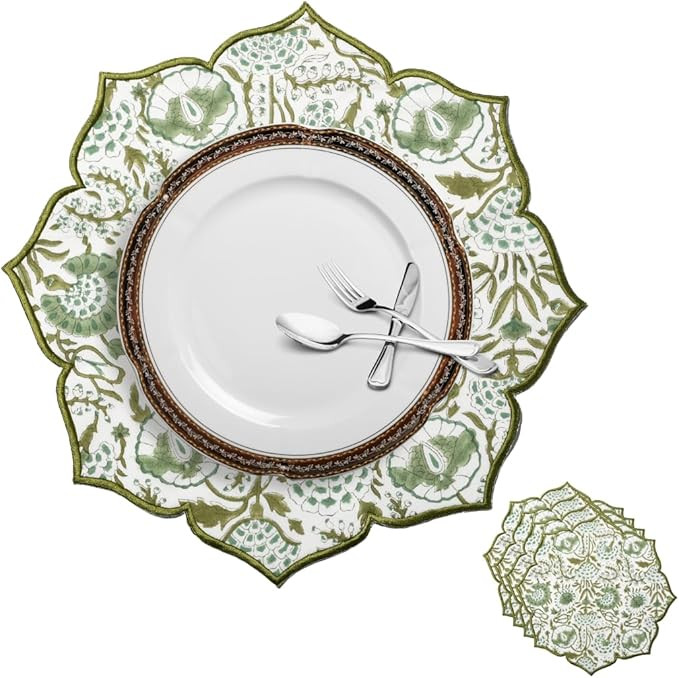 CPC Cotton Placemats Set of 4-Handmade Block Printed Double Layered, Machine Washable, Flower Sca... | Amazon (US)