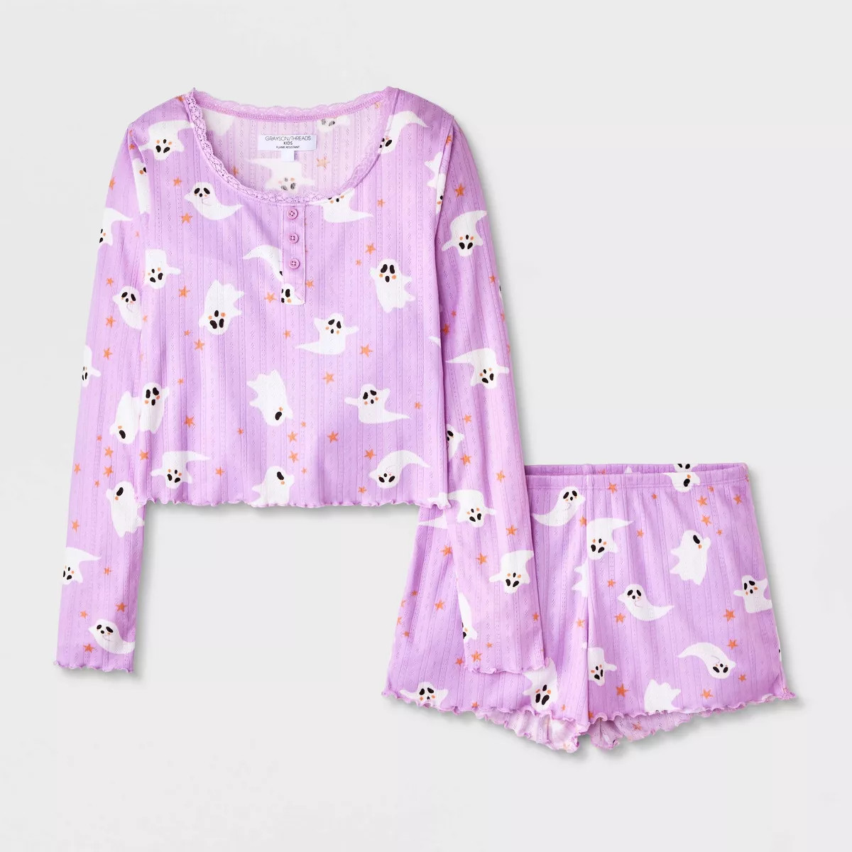 Girls' 2pc Grayson Threads Kids Halloween Ghost Long Sleeve Pointelle Pajama Set - Purple S | Target
