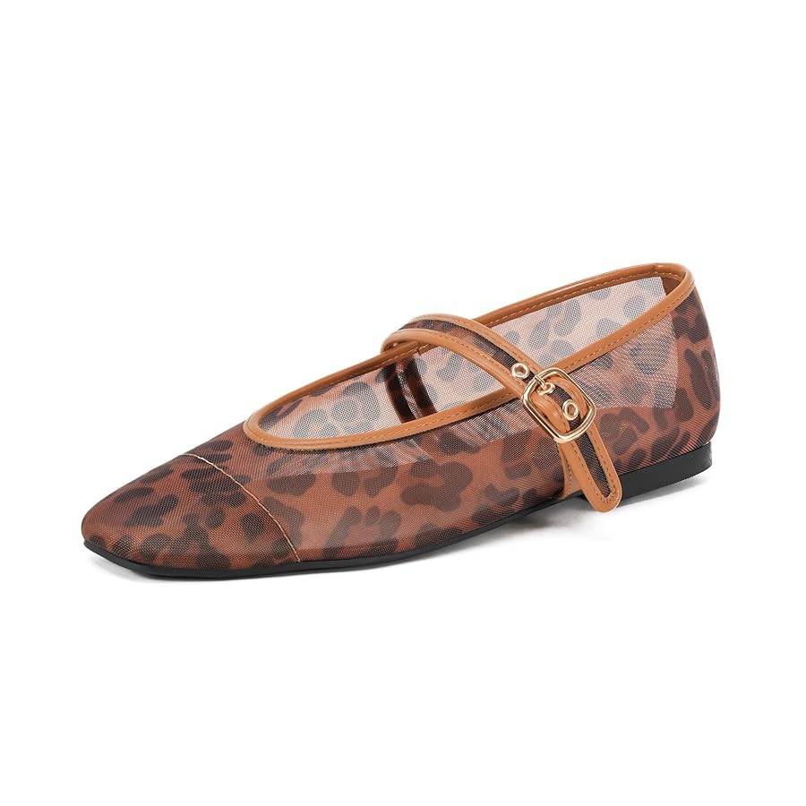Women's Leopard Print Mesh Ballet Flats - Square Toe Mary Jane Buckle Shoes for Dress | Amazon (US)
