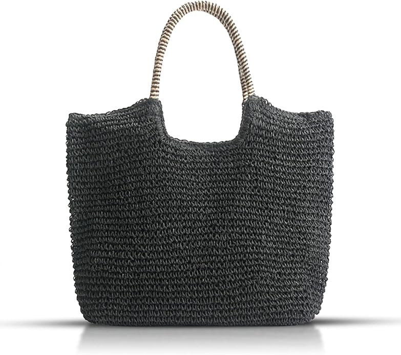 QTKJHand-woven Soft Large Straw Shoulder Bag, Beach Tote Black Boho Straw Handle Tote Retro Summe... | Amazon (US)