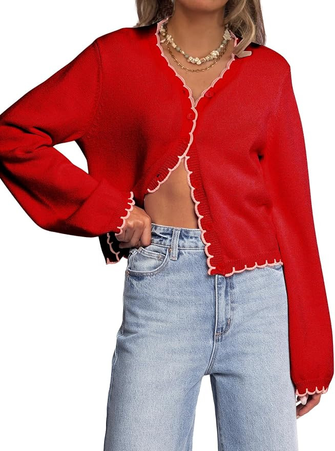 Women's Long Sleeve Button Down Cardigan Knit Open Front Cropped Contrast Color Trim Sweaters Fal... | Amazon (US)