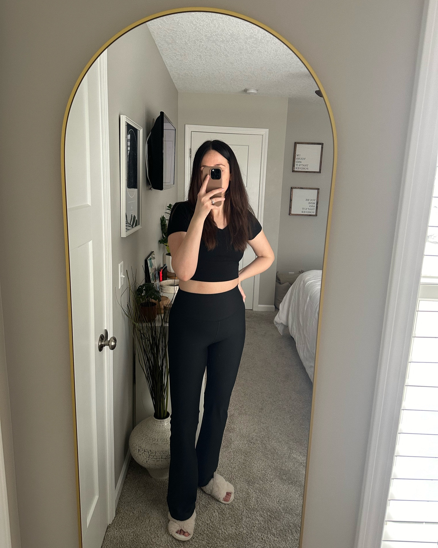 Black YPB flared leggings. Leisure wear. Black crop tshirt. Slippers. Staying in look. 

#LTKstyletip #LTKMostLoved #LTKhome