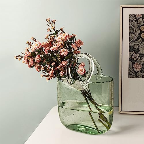 Glass Vase with Elegant Purse Design, Hand Purse vase with Fish Bowl, Unique Flower Vase with Handle and Bubbles - for Home Decor/Office/Garden/Wedding Decor/Enterpiece/Events (Light Green) | Amazon (US)