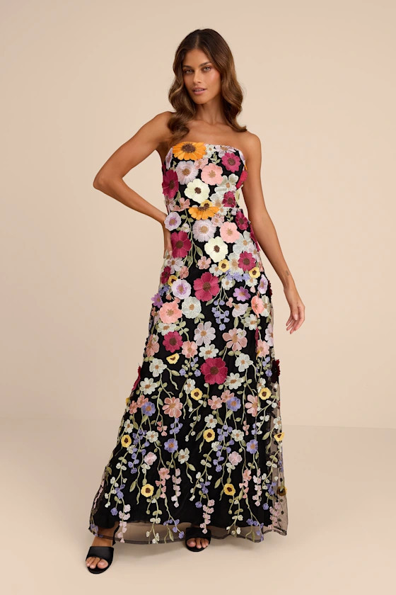 Rosario Black Multi 3D Floral Embroidered Maxi Dress | Lulus