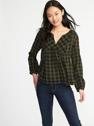 Relaxed Plaid Split-Neck Top for Women | Old Navy US
