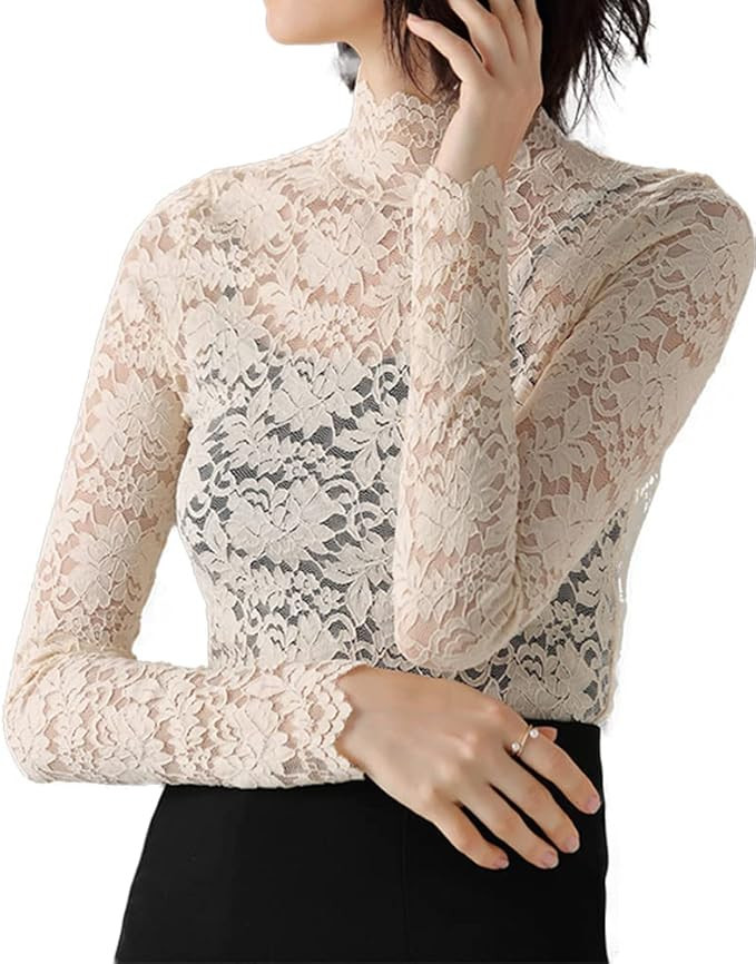 Women's Floral Lace Top Sexy Long Sleeve Mock Neck Casual Shirt Going Out Blouse | Amazon (US)