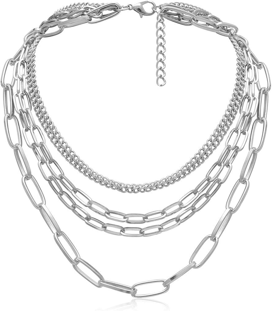 Layered Chain Necklaces for women 18 Inch Gold Plated Paperclip Chain Silver Tone Choker Necklace... | Amazon (US)