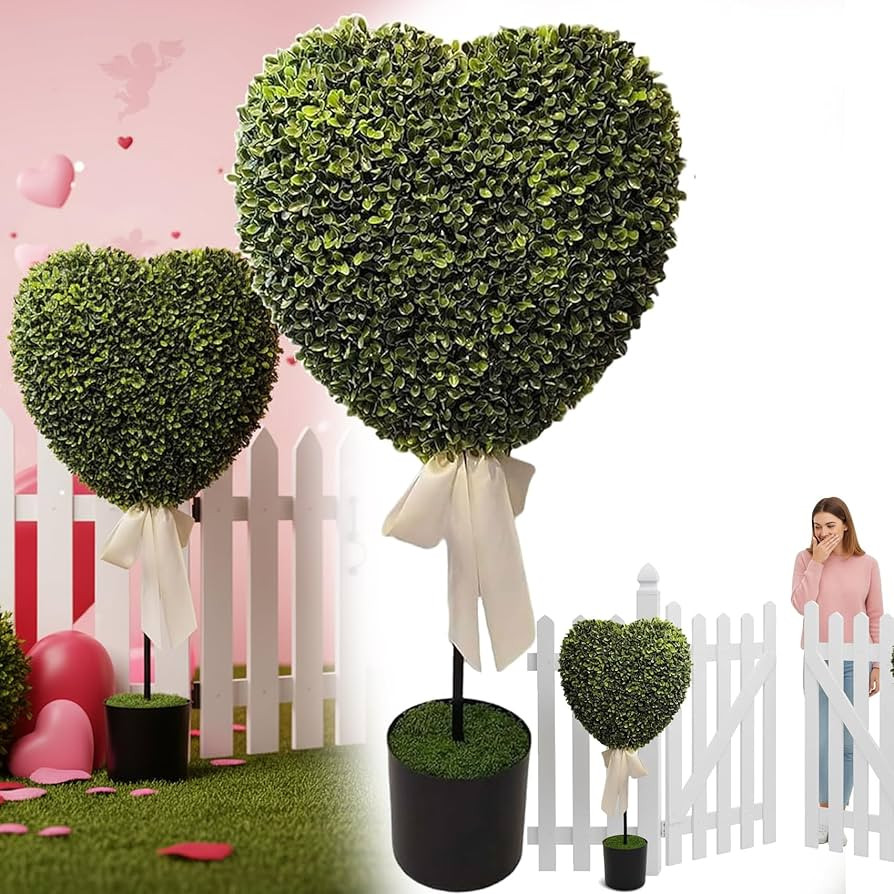 Valentine's Day Decorative Plants, Valentine's Day Artificial Heart Shaped Topiary Trees with Bow... | Amazon (US)