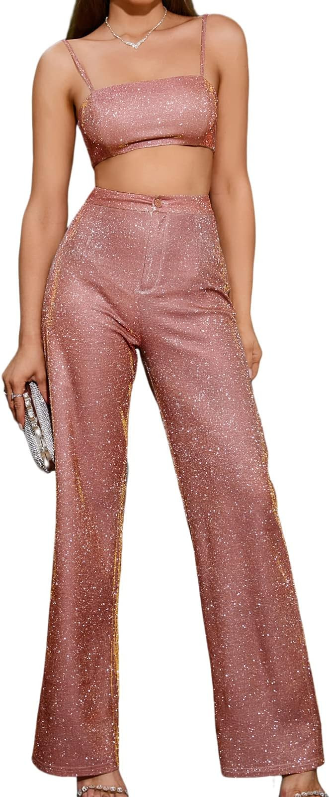 Colysmo Women's Two Piece Outfit Sparkle Sequin Sleeveless Cami Crop Top Bling Glitter High Waist... | Amazon (US)