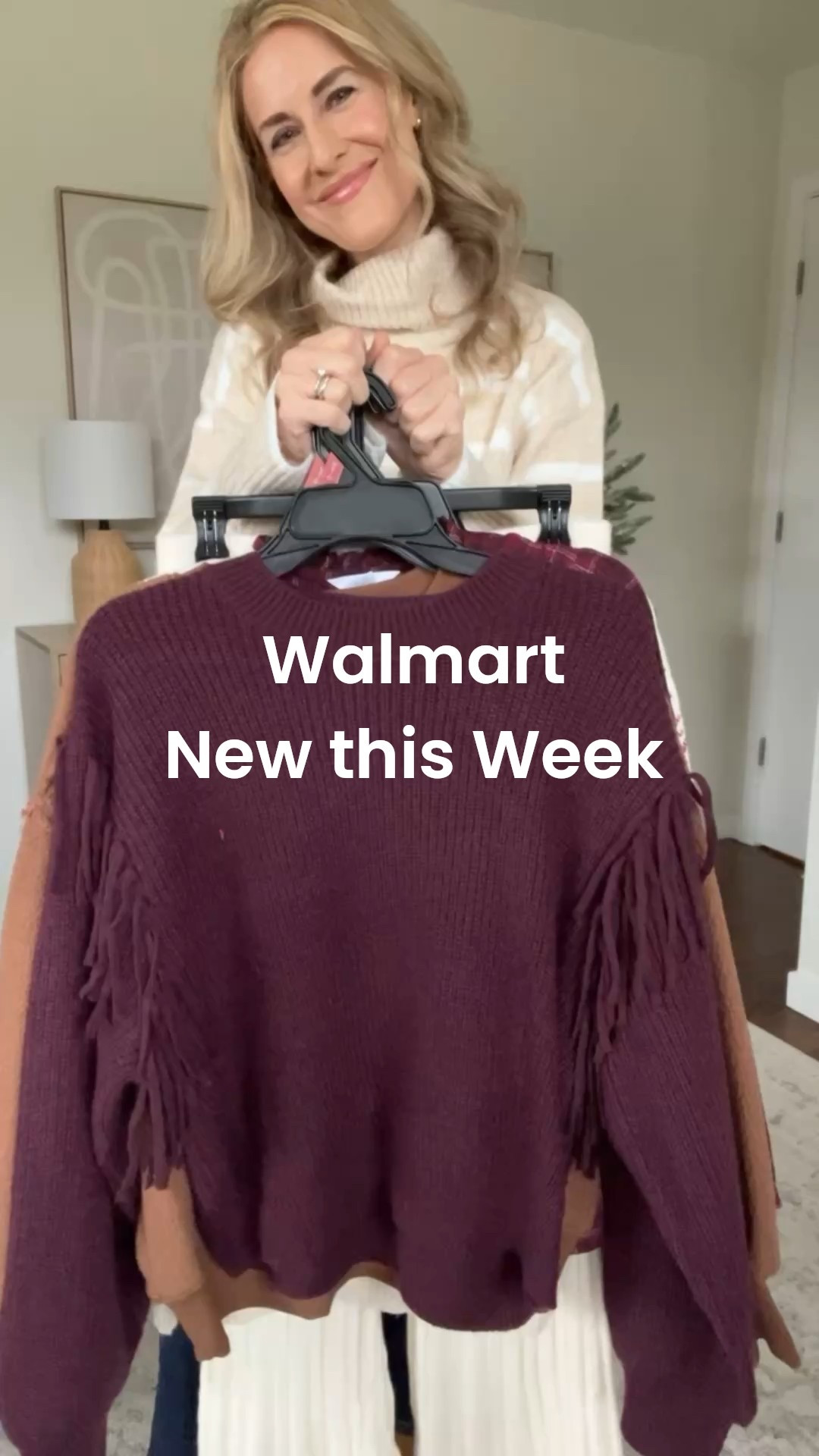 Walmart new this week! Lots of great sweaters this week, soft not itchy, click through to see all the colors! I sized up one to a medium in the turtleneck, the teddy bear sweater and the fringe sweater. Size small in the Christmas sweater and the cotton plaid blouse (which is so nice btw). Jeans tts small, no need to size up in the wide leg ones. #walmartfashion 

#LTKFindsUnder100 #LTKFindsUnder50 #LTKOver40