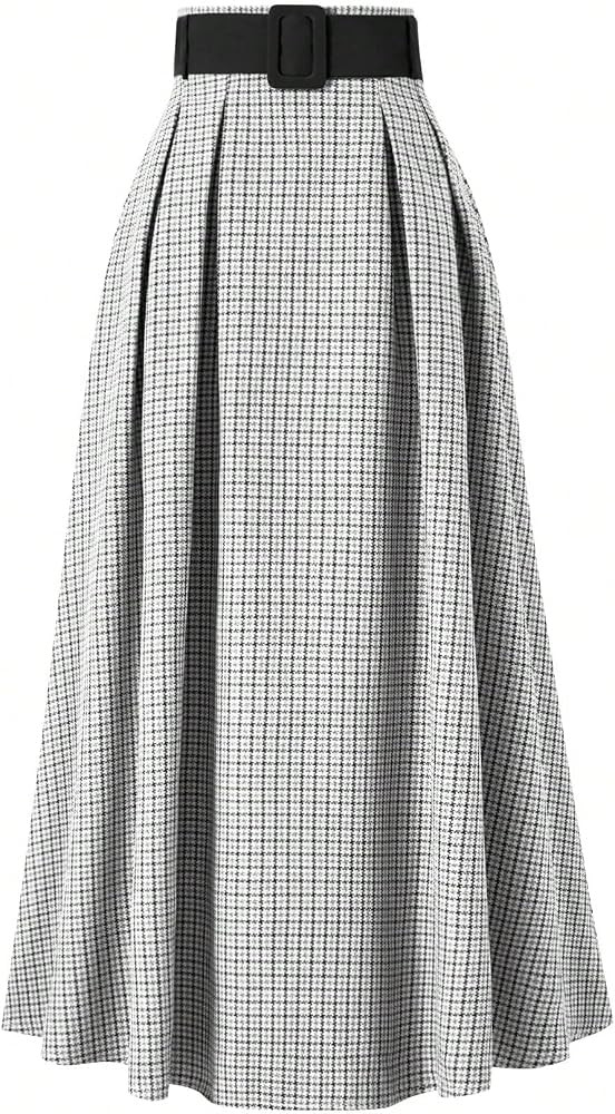 Women's High Waisted Houndstooth Midi Skirt - Black & White Pleated A-Line Flowy Skirt with Belt ... | Amazon (US)