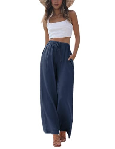 Faleave Women's Cotton Linen Summer Palazzo Pants Flowy Wide Leg Beach Trousers with Pockets(Navy-M) | Amazon (US)