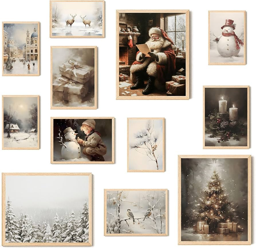 Vintage Christmas Wall Art Poster Reindeer Pine Tree Santa Claus Snowman Landscape Prints Paintin... | Amazon (US)