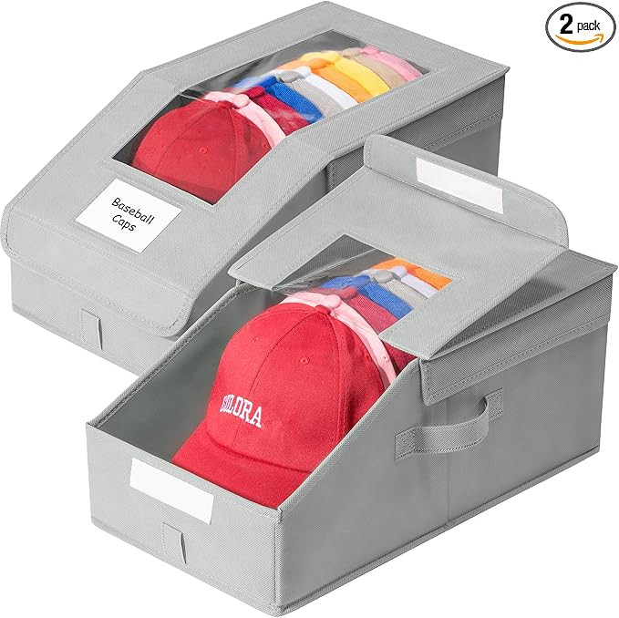 Hat Organizer for Baseball Caps, 2 Pack Stackable Hat Storage Boxes with Clear Window, Holds up t... | Amazon (US)