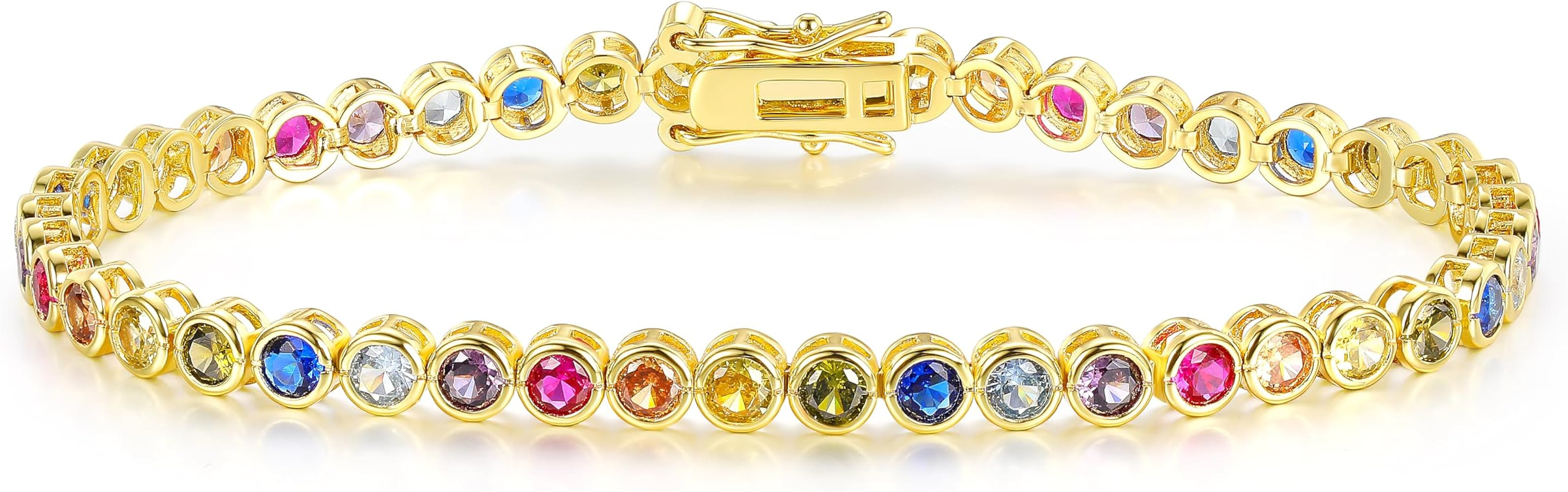 Gemsme 3.0mm Colorful Tennis Link Bracelet, 18K White/Yellow Gold Plated Bezel-Set 3MM Cubic Zirc... | Amazon (US)