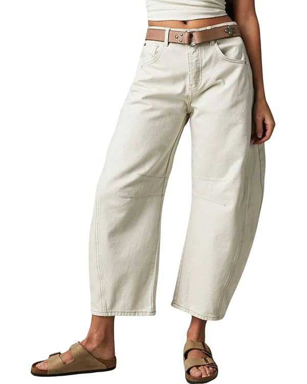 Womens Stretchy Mid Rise Barrel Jeans Vintage Loose Wide Leg Cropped Denim Pants Y2k Baggy Boyfri... | Amazon (US)