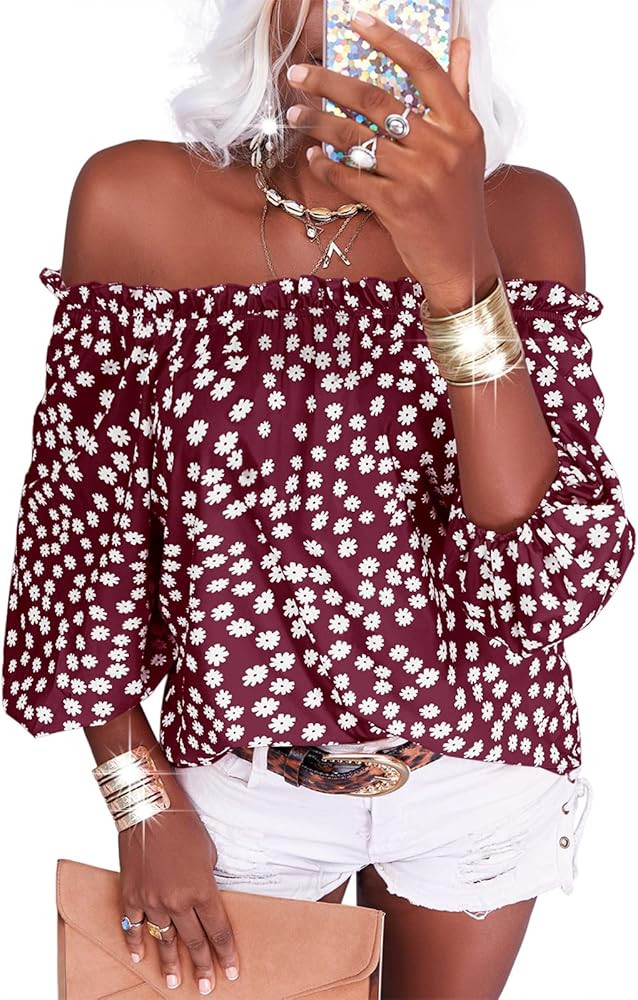Teurkia Womens Summer Off Shoulder Blouse Floral Print 3/4 Sleeve Casual Chiffon Tops Shirts | Amazon (US)