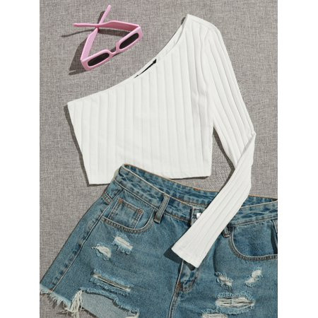 White Women s One Shoulder Rib knit Crop Top Sexy S(4) S043E | Walmart (US)