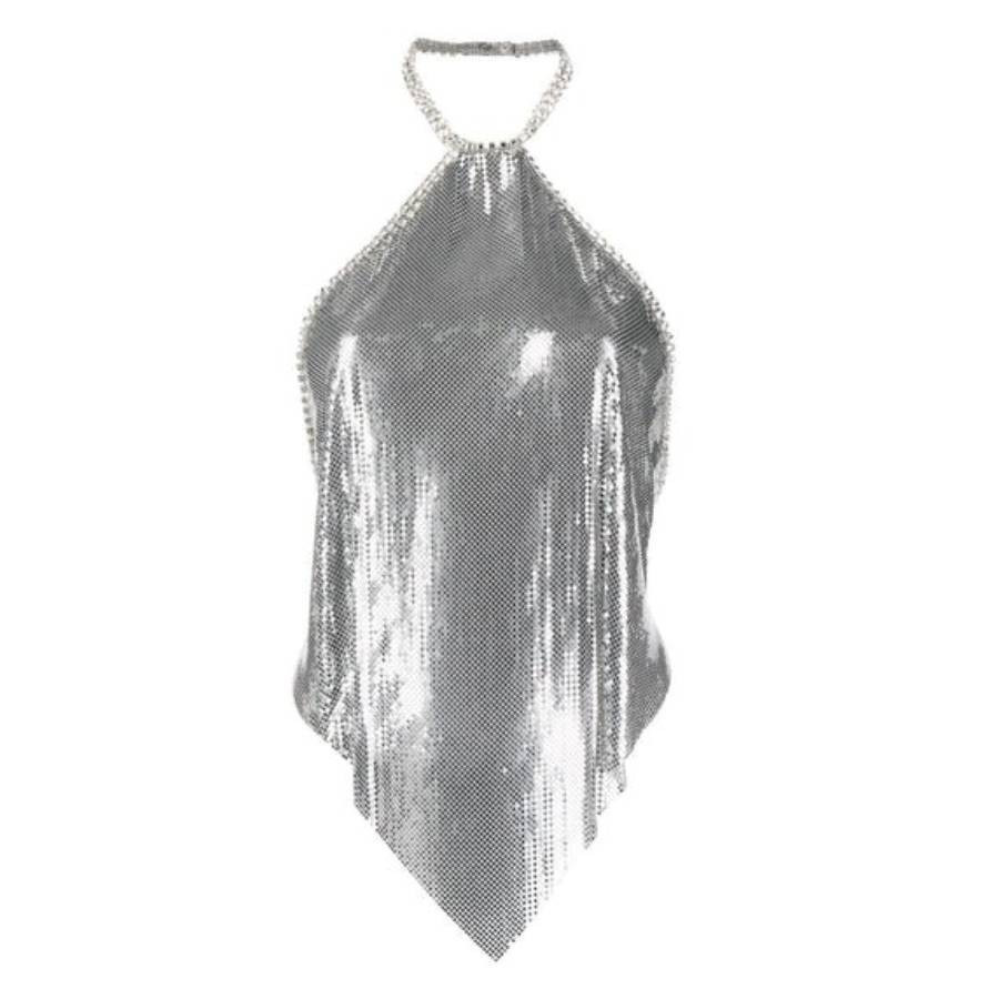 Rabanne Silver Metallic Sequins Halterneck Top | Jomashop.com & JomaDeals.com