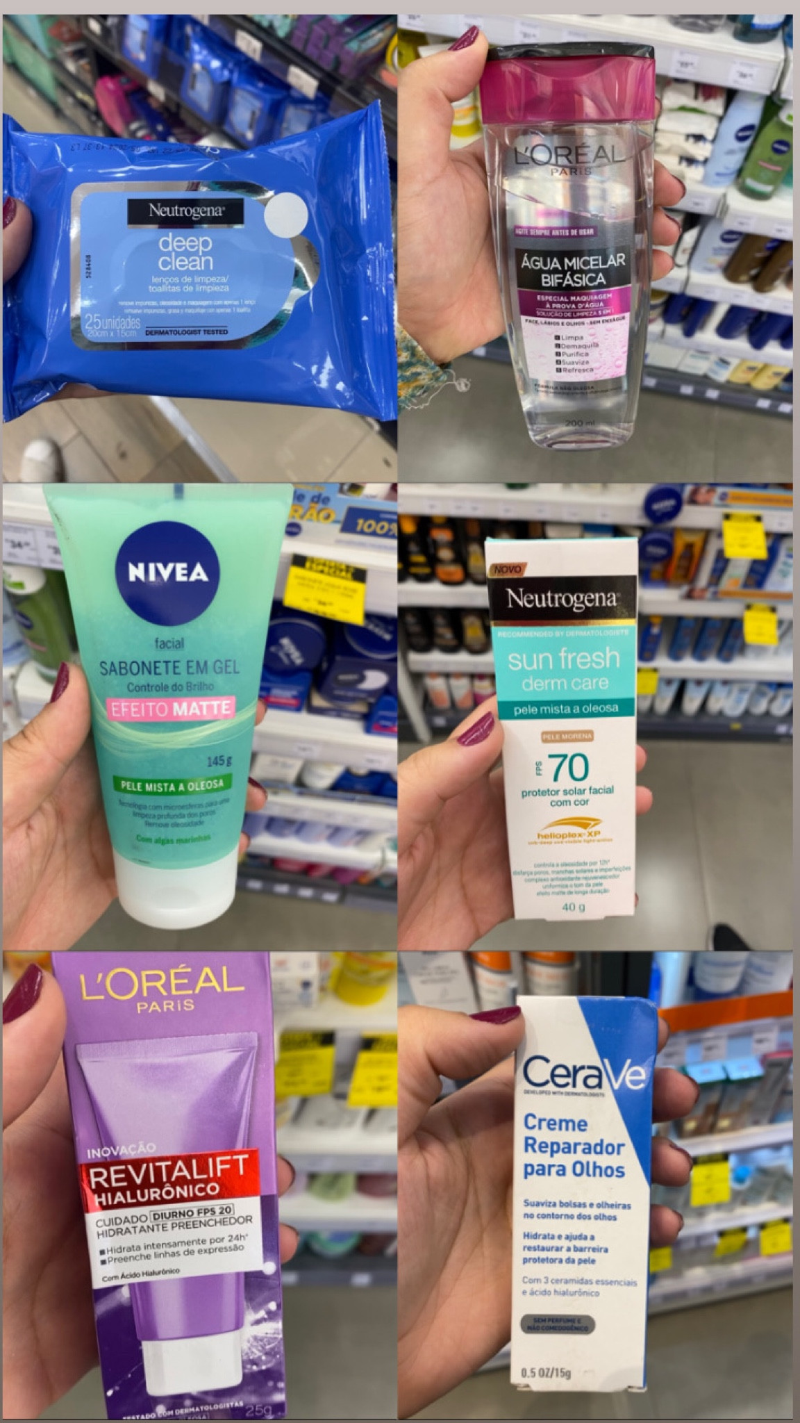 MINHA ROTINA DE SKIN CARE PARA PELES OLEOSAS ACESSÍVEL 
1)LENÇOS DE LIMPEZA: Início a retirada de impurezas ou make, lenços super práticos e maravilhosos, além do custo benefício ser ótimo 
2) ÁGUA MICELAR BIFÁSICA: Limpeza 5 em 1- Limpo a pele para retirar principalmente make dos olhos, rímel a prova d’água ele é maravilhoso
3) SABONETE EM GEL : Lavo o rosto com sabonete em gel e massageio bem, aproveito para fazer aquela massagem relaxante por que esse é o meu momento! Além de ter efeito matte deixando um toque seco facilita para não estourar a make rápido demais
4) PROTETOR SOLAR : Efeito Matte para durar mais tempo na pele, diminui os poros e  previne o envelhecimento
5) REVITALIFT HIALURÔNICO: Creme hidratante com ácido hialurônico, enquanto hidrata preenche linhas de expressão nos deixando xovenssss
6) CREME REPARADOR PARA OS OLHOS: Creme reparador para os olhos suavizando bolsas e olheiras no contorno dos olhos, produto maravilhoso com uns dos melhores custo benefício, o resultado é visível demais! 

#LTKbeauty #LTKbrasil