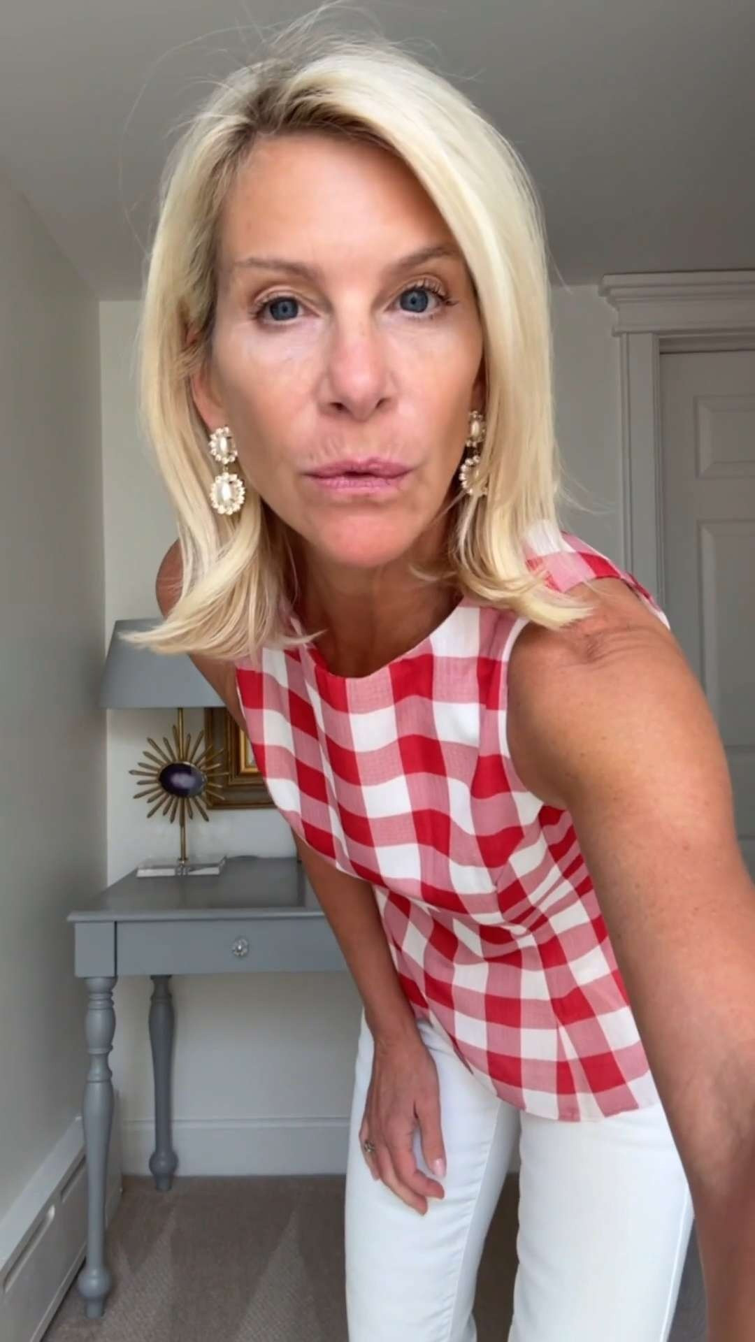 Red Gingham Peplum Top with White Jeans Outfit 

 