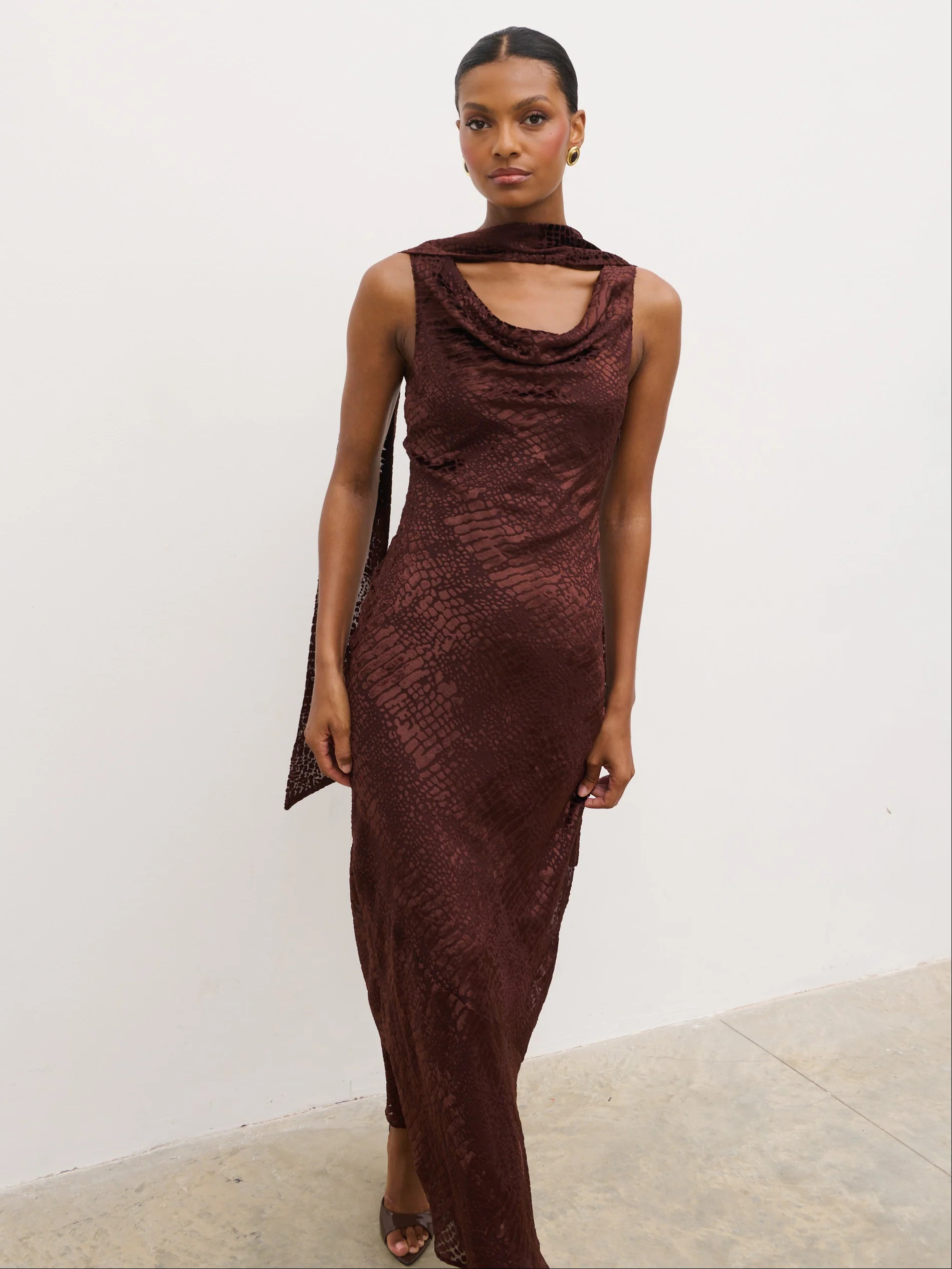 Ainsley Cowl Devore Neck Maxi Slip - Brown | Pretty Lavish (UK)