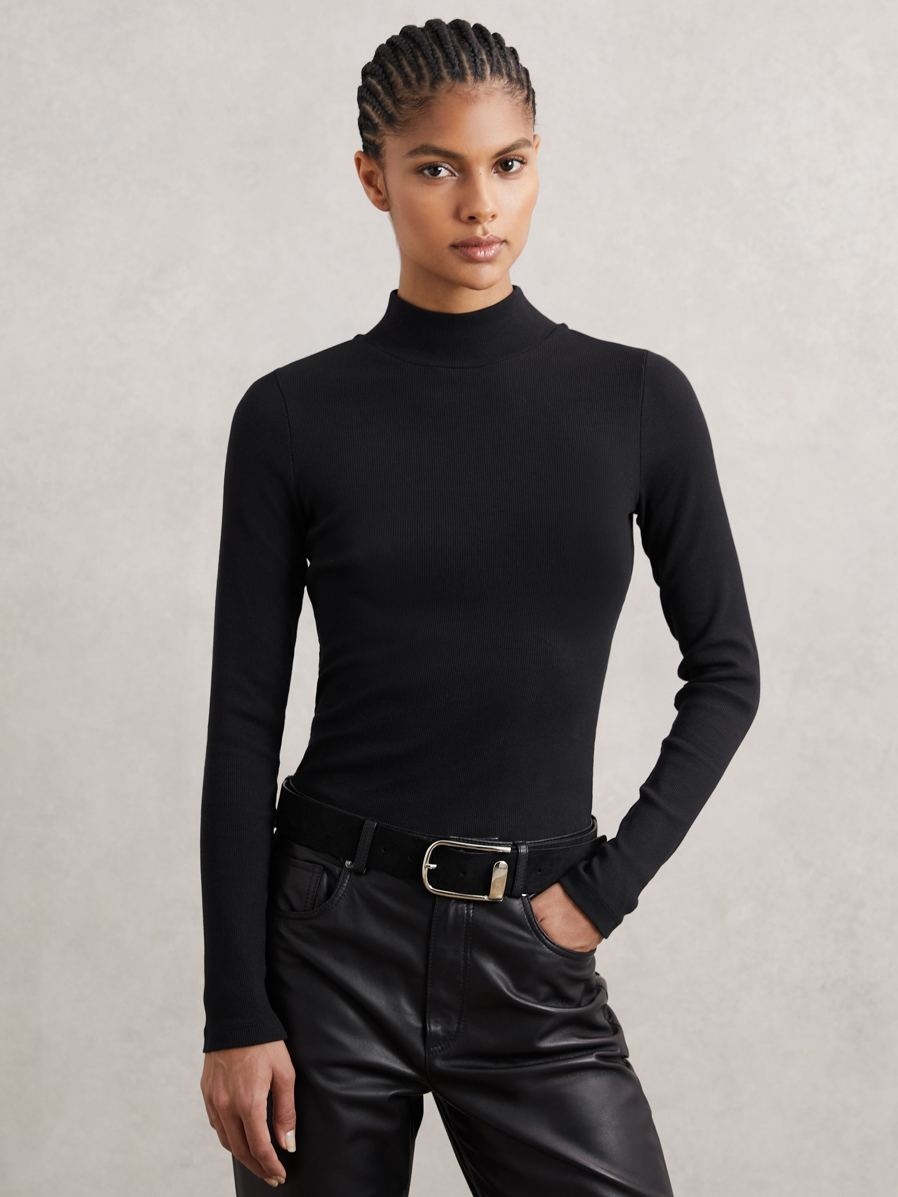Stretch-Cotton Funnel-Neck Top in Black | Reiss UK