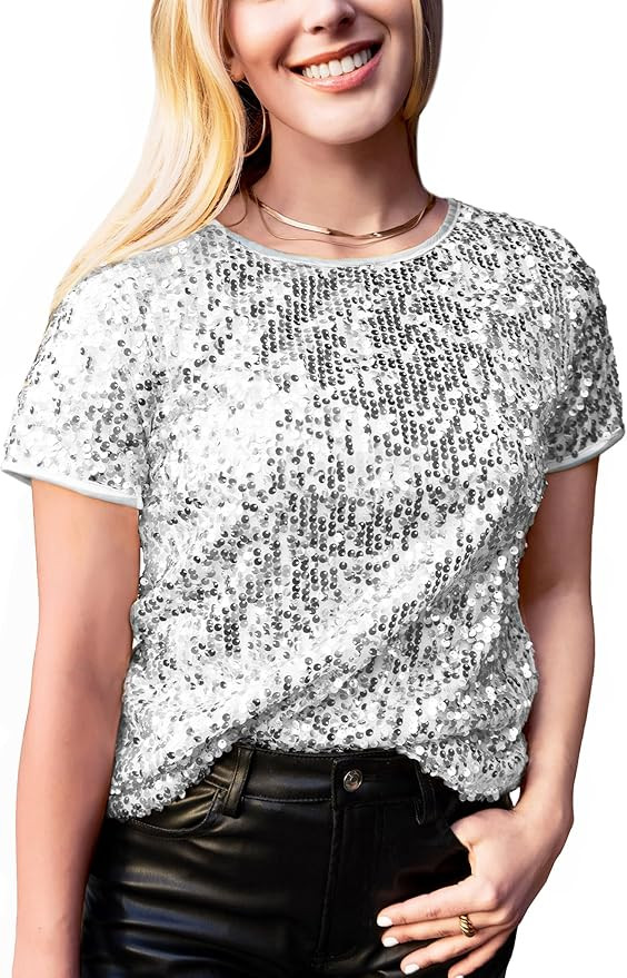 Anna-Kaci Women's Sparkly Sequin Top Short Sleeve Glitter Concert Party Disco Shirt Blouse | Amazon (US)