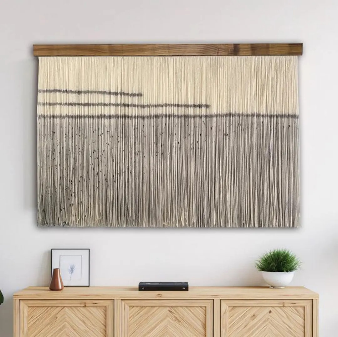 Black Large Handmade Fiber Wall Hanging, Modern Macrame Hanger, Bohemian Macrame Wall Art, Tall T... | Etsy (US)