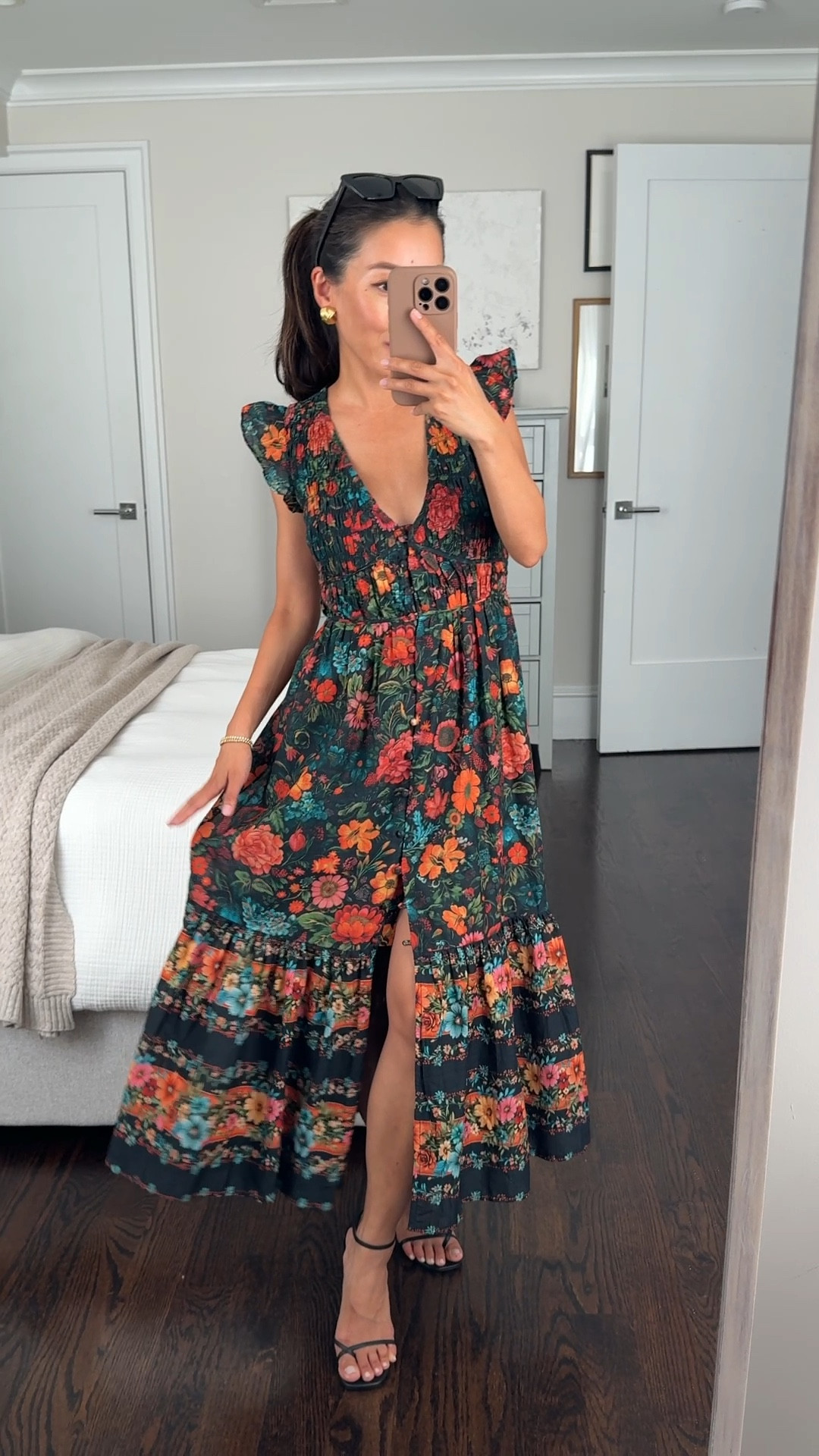 Trying on Anthropologie peregrine midi dress in a dark floral, for fall events, family photos.

This has a stretch torso and is nursing and bump friendly, functional buttons all the way down so you can adjust the slit height. Petite friendly length with flats on me. 

Neckline is lower cut, I don’t have a bra on with this due to the pattern. 

Would also work for guests for a less formal fall wedding 

#LTKParties #LTKWedding #LTKPetite