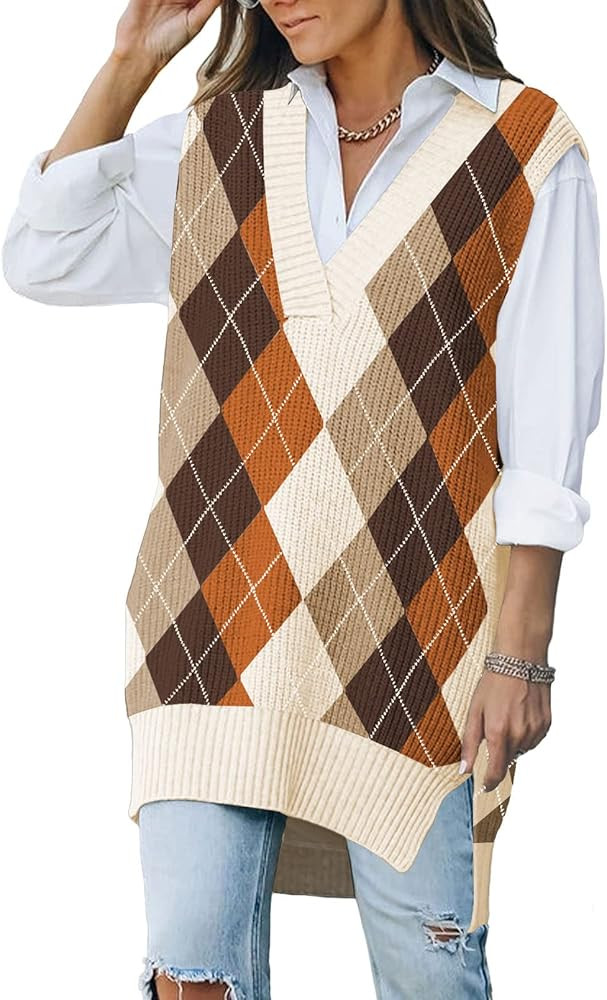 Viottiset Women's Oversized V Neck Knit Sweater Vest Tunic Sleeveless Pullover Top | Amazon (US)