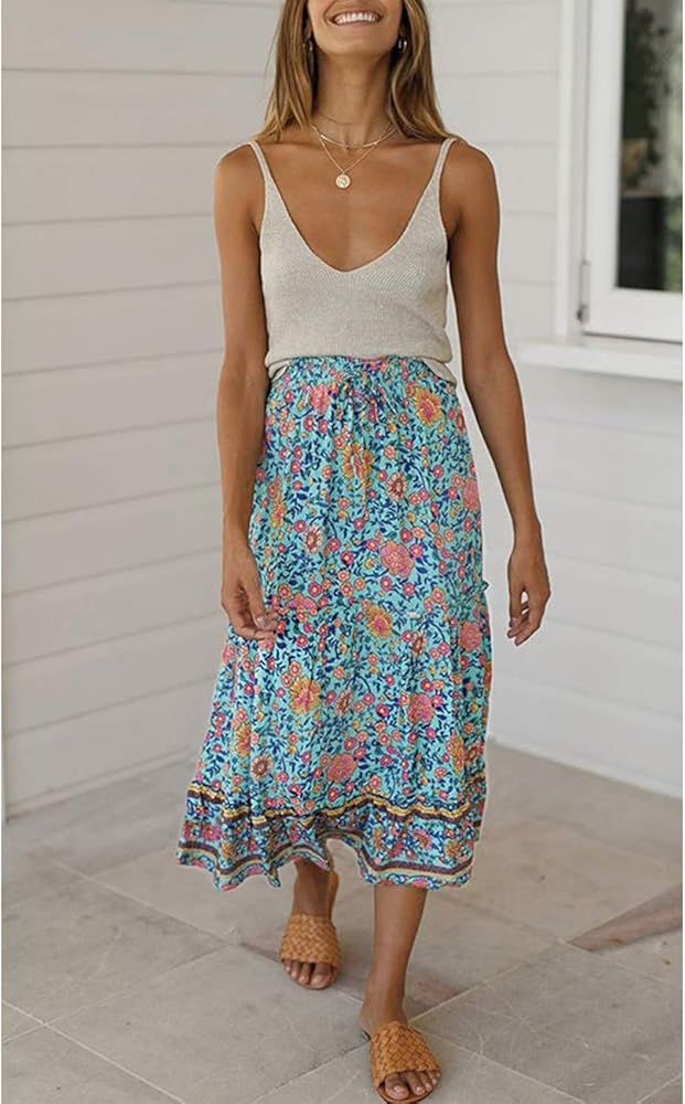 MEROKEETY Women's Boho Floral Print Elastic High Waist Pleated A Line Midi Skirt with Pockets | Amazon (US)