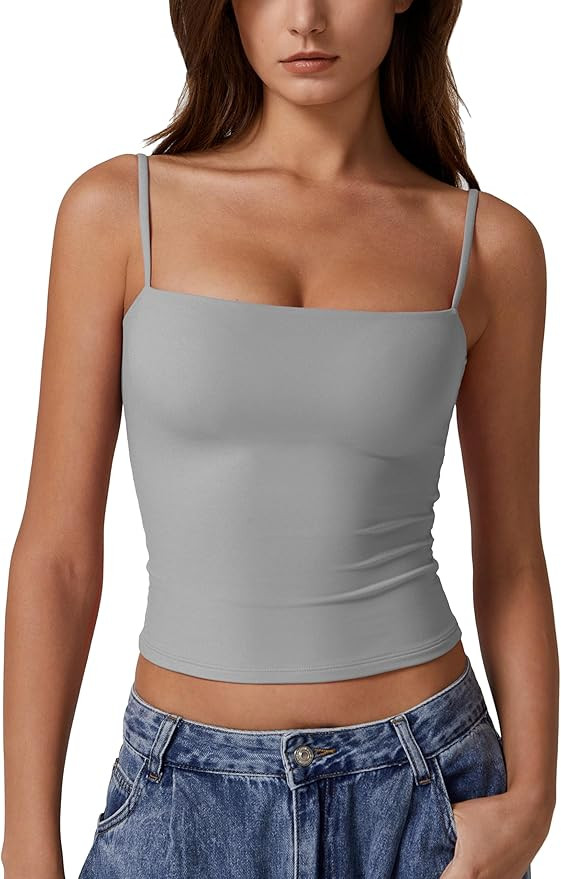 QINSEN Women's Double Lined Basic Tank Top Adjustable Spaghetti Straps Sleeveless Camisole Shirts | Amazon (US)