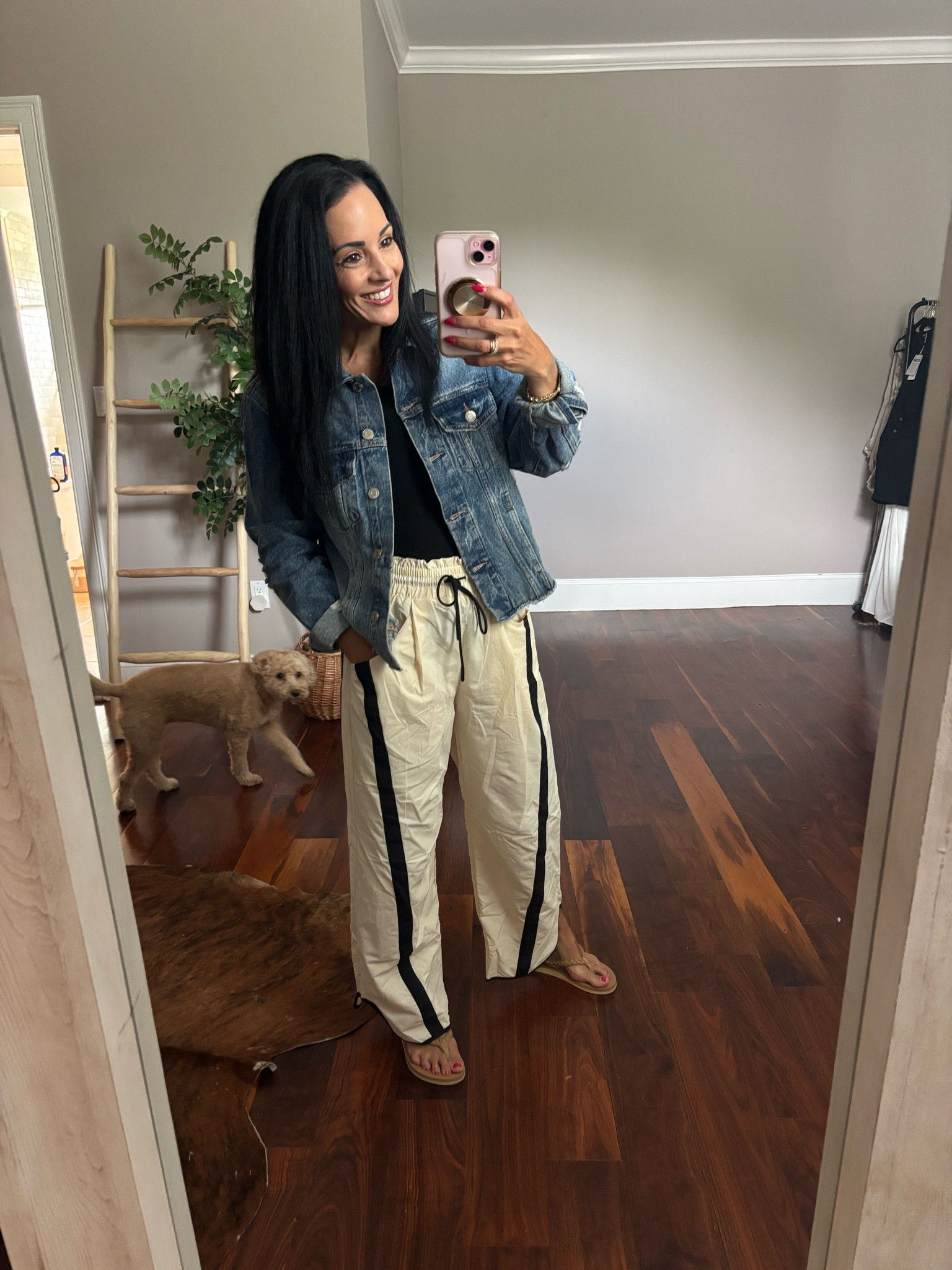 Striped baggy track pants paired with a tank top that has a built-in bra and a cropped denim jacket


#LTKOver40 #LTKSeasonal #LTKootd