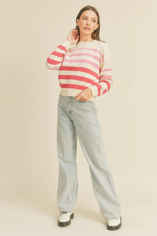BELINDA PINK MULTI STRIPE SWEATER | Indigeaux Denim Bar & Boutique
