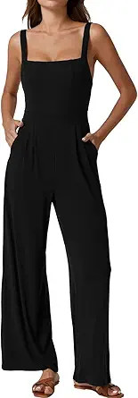 QINSEN Womens Casual Loose Overalls Jumpsuit Square Neck One Piece Sleeveless Wide Leg Rompers Ou... | Amazon (US)