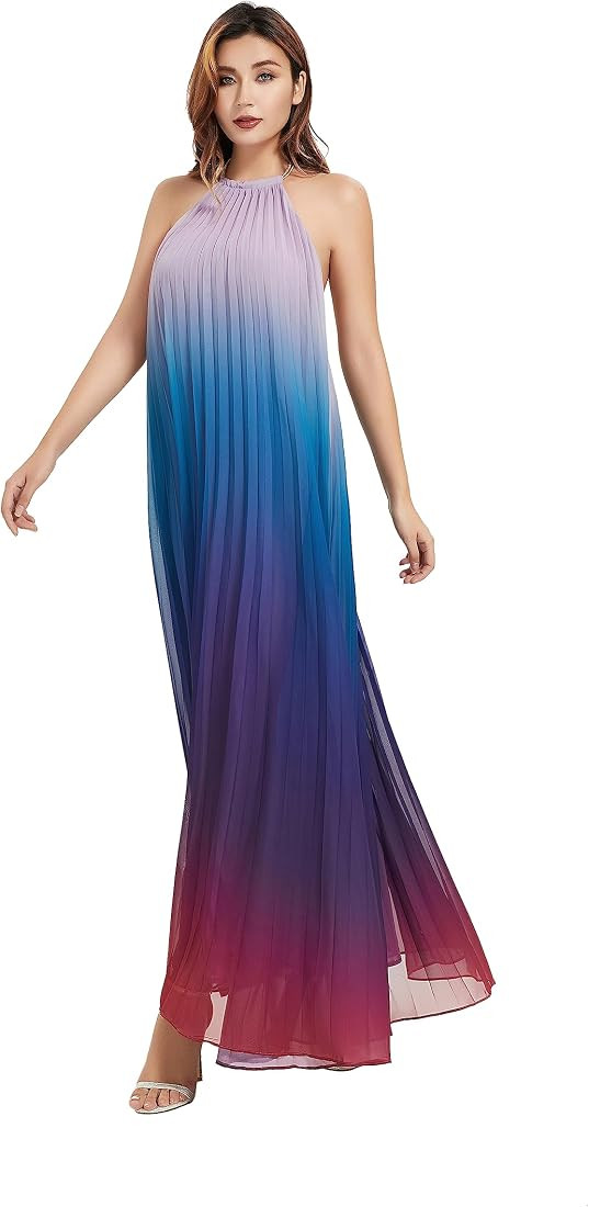 GETUBACK Women's Gradient Pleated Long Maxi Dress Chiffon Sexy Loose Summer Beach A-line Backless... | Amazon (US)