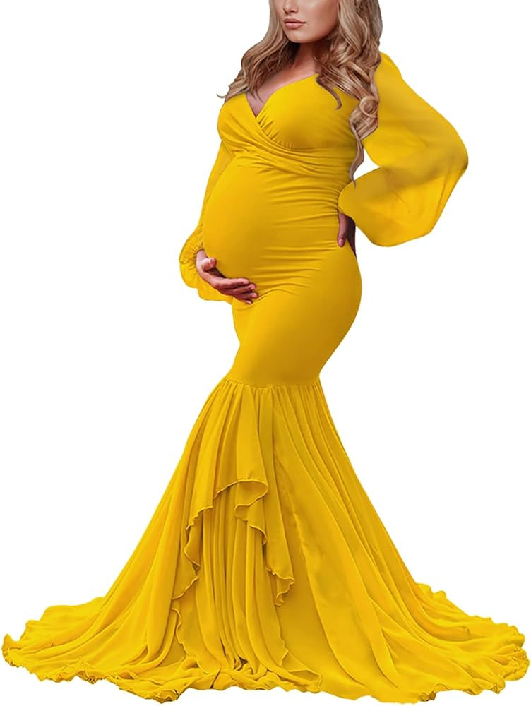 Saslax Long Chiffon Sleeve Tired Mermaid Maternity Dress for Photoshoot Photography Baby Shower | Amazon (US)