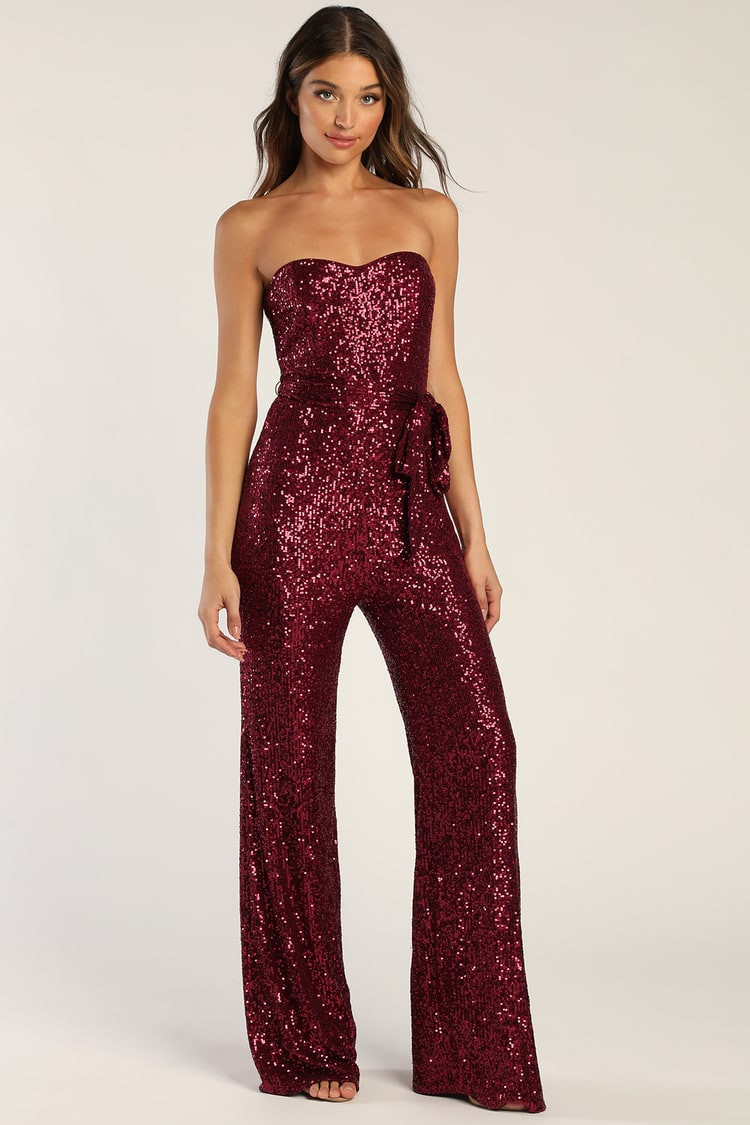 Flirty Moves Wine Red Sequin Strapless Wide-Leg Jumpsuit | Lulus