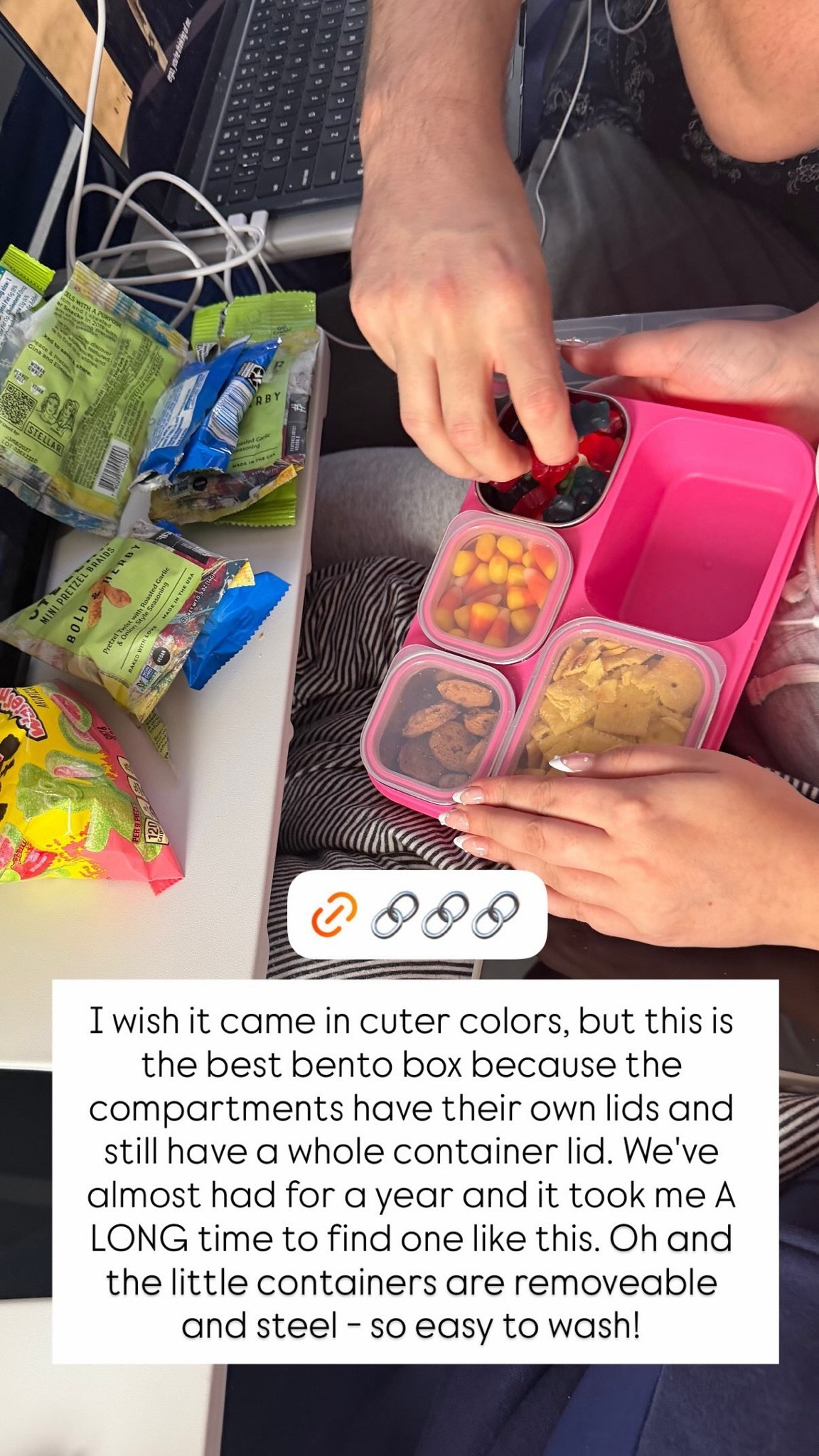 These bento boxes are THE BEST snack containers and a staple for us when we travel (and for pool/park days!). Each individual compartment has its own lid, and then there’s a lid for the whole container to go over top. Each compartment is stainless steel, removable, and dishwasher-safe too!

#LTKTravel #LTKmomlife #LTKKids