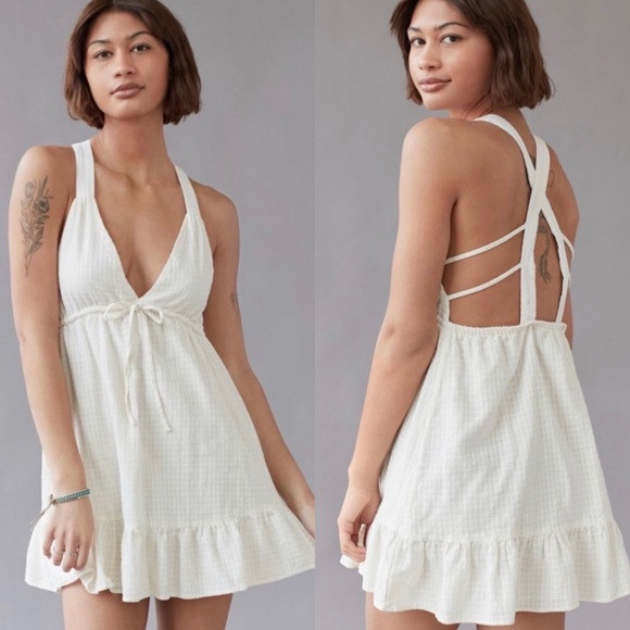NWT Urban Outfitters Hansel Strappy Back Plunge Ruffle Mini Dress in Cream | Poshmark