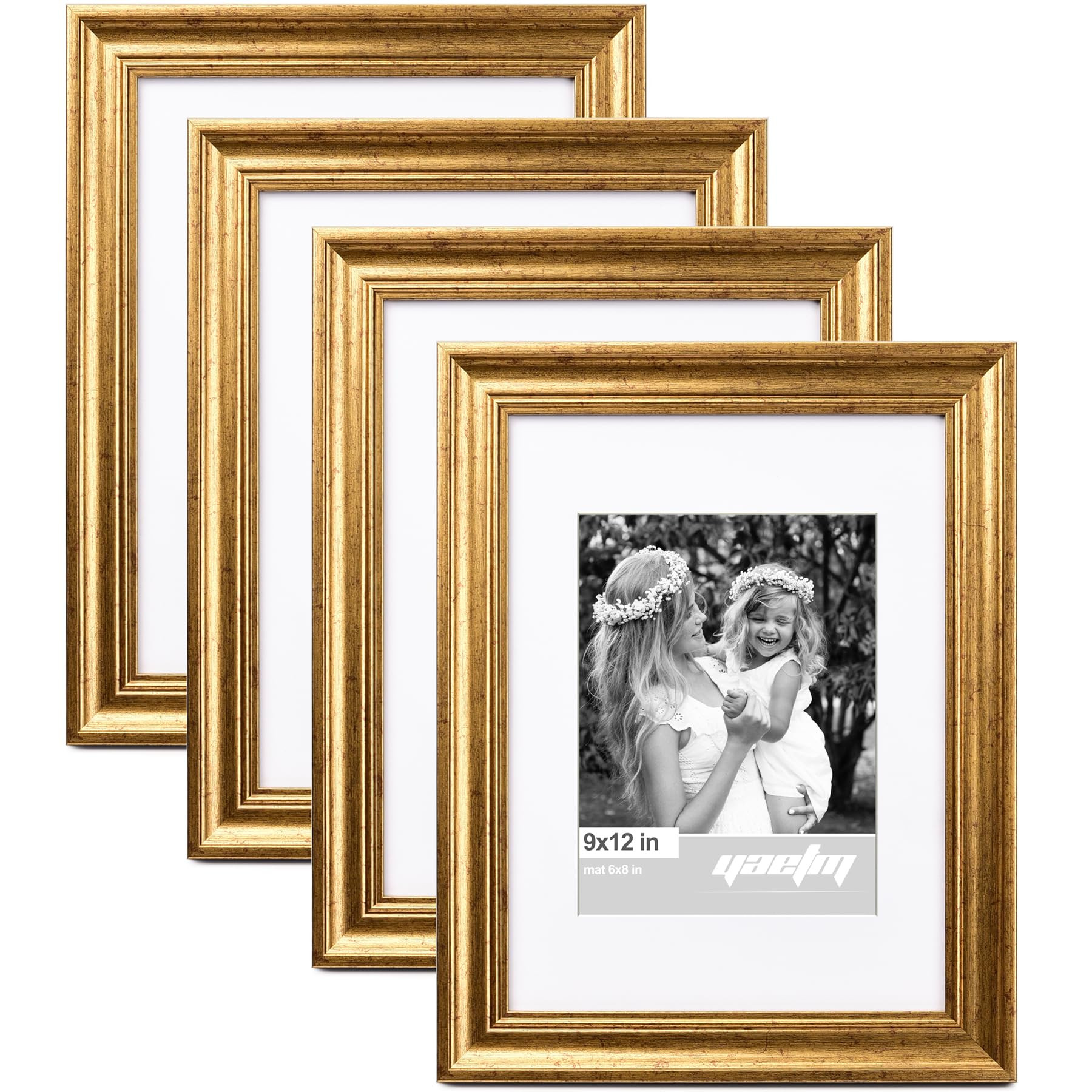 Yaetm Gold 9x12 Picture Frame Matted to 6x8 Set of 4, 1.4” Wide Molding & Rustic Gold Photo Fra... | Amazon (US)