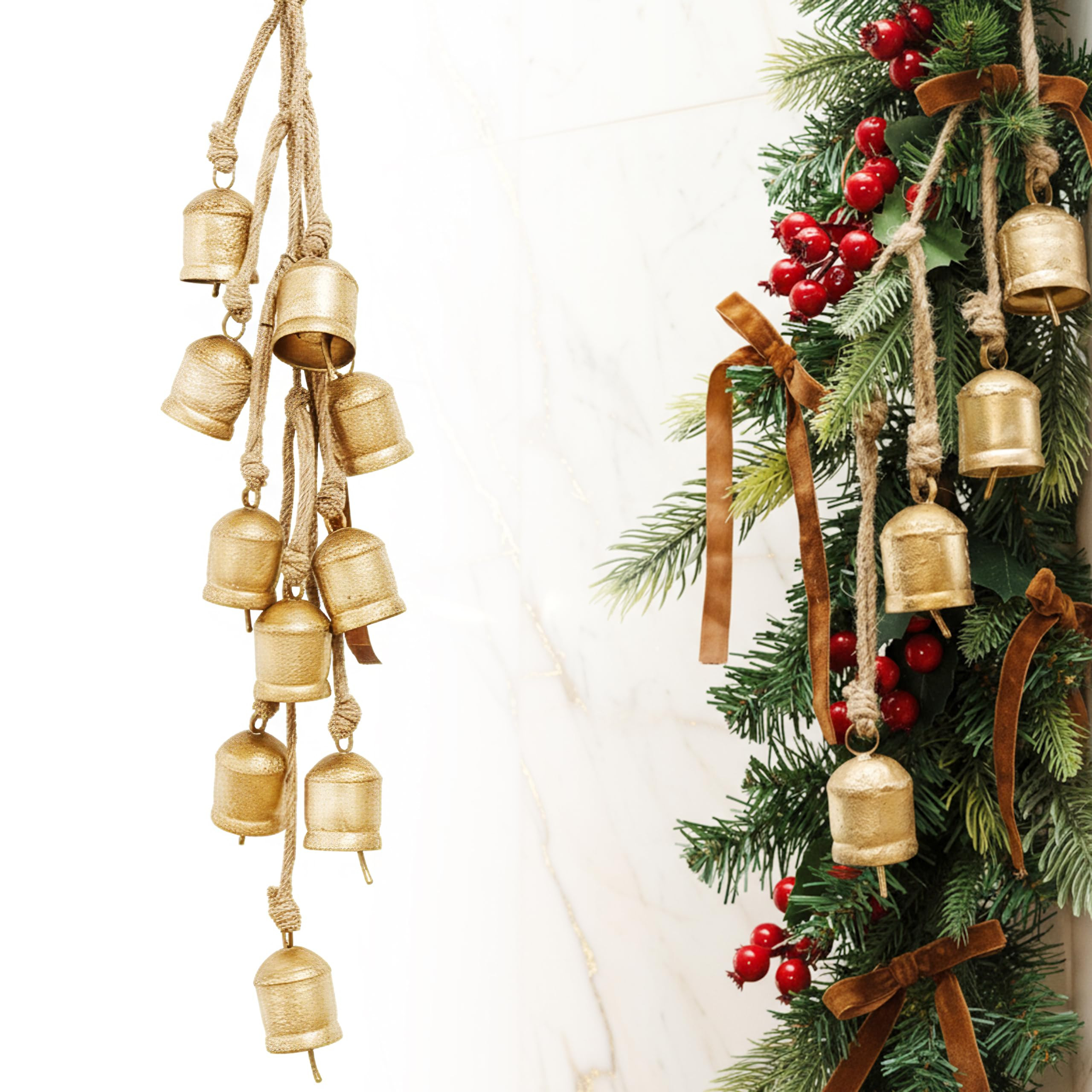 Rustic Golden Christmas Bell Ornaments and Velvet Bows – Beautiful Ornament Set of 10 Adds Eleg... | Amazon (US)